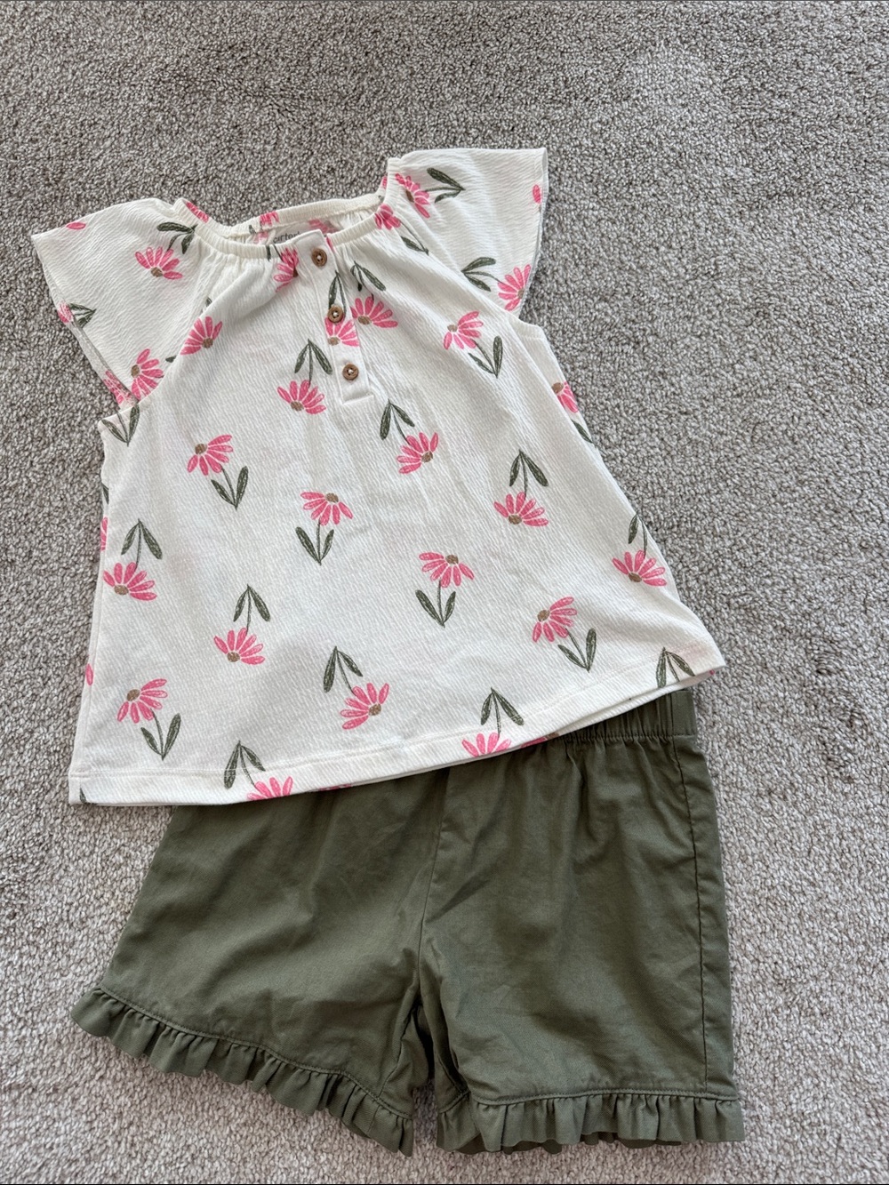 Carter's Pink Floral Top with Olive Green Ruffle Shorts